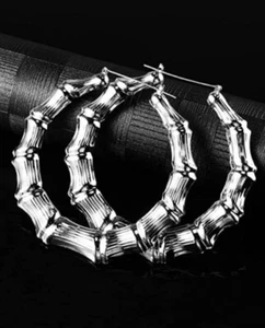 Orecchini moda stile bambù cerchio argento pendenti goccia lunghezza 3,5”. - Foto 1 di 3