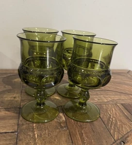 4 Colony King Crown Green Thumbprint Water Goblets Olive Green Indiana Glass - Picture 1 of 6