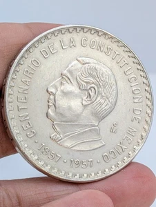 1957 MEXICO 200th ANNIVERSARY OF CONSTITUTION 10 PESO COIN BENITO JUAREZ T60 - Picture 1 of 7