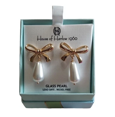 Brincos House Of Harlow 1960 Goldtone vidro pérola arco gota novo na caixa - Imagem 1 de 4
