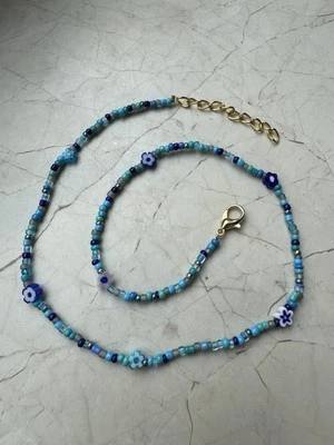 Kette Perlen Blumen Halskette Blau Glasperlen Blumen Türkis Handgemacht - Bild 1 von 4