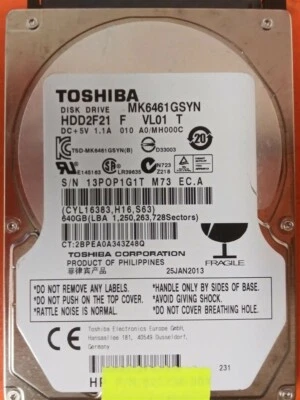 ⭐️⭐️⭐️⭐️⭐️ HDD Hard Drive SATA Laptop 2.5" Toshiba MK6461GSYN 640GB HDD2F21 - Image 1 of 2