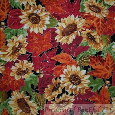 BonEful Fabric Cotton Quilt Orange Leaf Fall Thanksgiving Yellow Sunflower SCRAP - Image 1 of 4