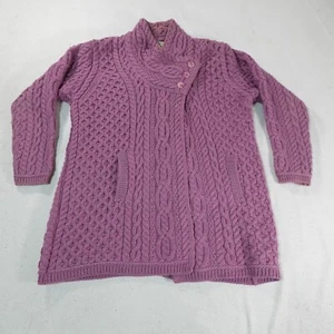 Aran Crafts Cardigan Sweater Womens XL Purple Merino Wool Cable Knit Patterned - Picture 1 of 20