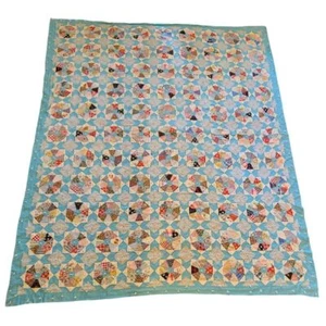 Vintage Scrappy geometric tied quilt blue 81"x 94" depression As Is Cutter Worn - Picture 1 of 12