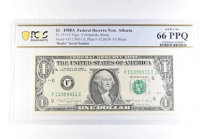 1988 A $1 Atlanta GA FRN Fr#1915-F Radar Serial Gem Unc 66 PPQ PCGS *6095 - Picture 1 of 3