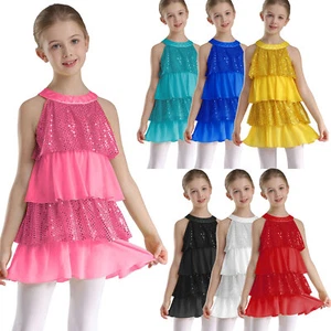 Kids Girls Sequins Ballerina Dress Halloween Ruffled Disco Jazz Performance - Picture 1 of 70