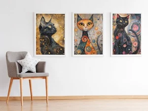 Gustav Klimt Set of 3 Cats Abstract Flowers Wall Art Poster Print Pictures - Picture 1 of 7