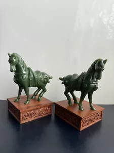 Green Nephrite Jade Type Hardstone Carved Horses Sculptures On Wooden Stands - Picture 1 of 7