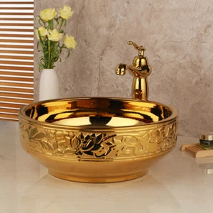Bathroom Gold Ceramic Wash Basin Sink Bowl Brass Vanity Lavatory Mixer Faucet - Picture 1 of 7