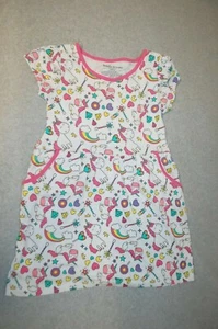Girls Knit Dress WHITE Pink Trim UNICORN DIAMOND HEART RAINBOW Pockets S 6-6X - Picture 1 of 1