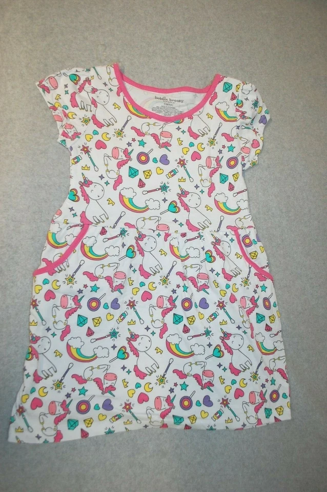 Girls Knit Dress WHITE Pink Trim UNICORN DIAMOND HEART RAINBOW Pockets S 6-6X - Image 1 of 1