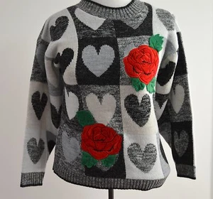 Rose Heart Patchwork Knit Small Sweater Knitwaves Acrylic 80s Applique Hipster - Picture 1 of 8