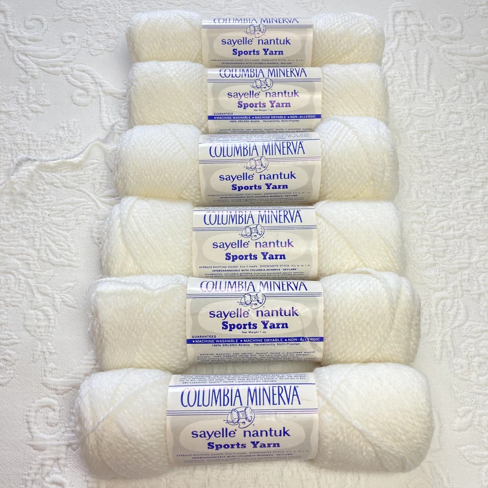 Vintage Columbia Minerva Sports Yarn White Sayelle Nantuk Lot Acrylic USA 5300 - Image 1 of 4