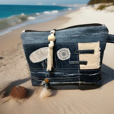 kosmetiktasche damen Maritim Neu Selbstgenäht Jeanspatchwork - Bild 1 von 4