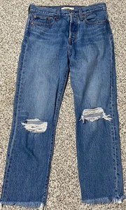 LEVI'S Wedgie Straight 501 Button Fly Distressed Holes Raw Hem Jeans 28 Women - Picture 1 of 4