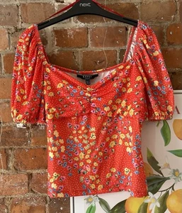 BNWT Lipsy Red Ditsy Floral Sweetheart Top Size 12 Milkmaid - Picture 1 of 3