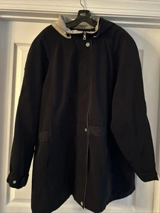 Liz Claiborne Black Windbreaker Rain Jacket Removeable Hood Zip & Snap Front ~3X - Picture 1 of 9