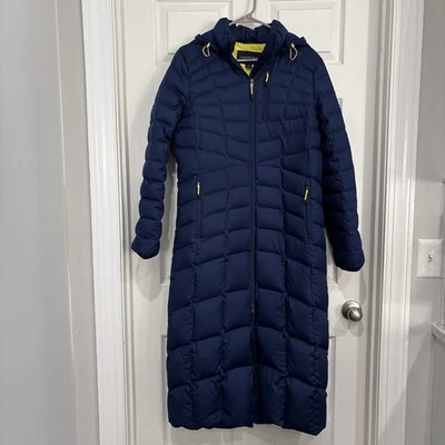 Lands' End Maxi Down Coat Long Puffer Jacket Women's Blue Yellow With Hood Sz S - Image 1 of 4