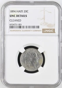 1894 HAITI 20 CENT NGC UNCIRCULATED DETAILS COIN - Picture 1 of 2