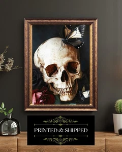 Gothic Skull Butterfly Wall Art Print Dark Roses Occult Macabre Decor - Picture 1 of 5