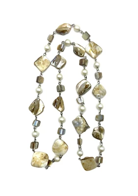 Iridescent Abalone Mother Of Pearl Nugget Cream Tan Beige Beaded Necklace 29" - Image 1 of 4
