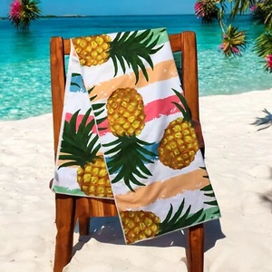 Pineapple & Stripes 100% MicroFiber Beach Pool Towel, Two Yek with Ribbon Hanger - Picture 1 of 5