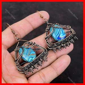 Rainbow Calsilica Stone Mother Wire Wrapped Drop Dangle Birthday Earrings Copper - Picture 1 of 6
