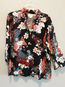 Natori NWT Spring Mirage Tunic 3/4 Sleeve Split Neck Rich Colors Rayon Size M - Picture 1 of 11