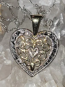 10K Two Tone Gold JCM Jacmel Mauritus Filigree Heart Pendant and 10K Chain - Imagen 1 de 15