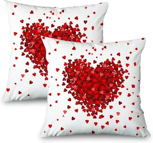 Valentines Red Heart Pillow Covers 18x18 Set of 2 - Home Decor Love Decorative - Picture 1 of 6