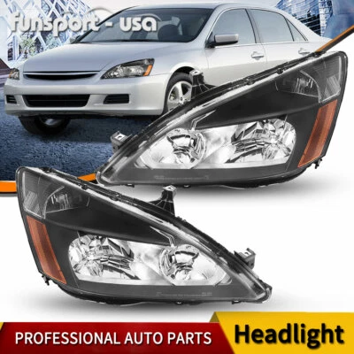 Headlights Assembly Headlamps For 03-07 Honda Accord Black Housing Amber Corner - Image 1 of 4