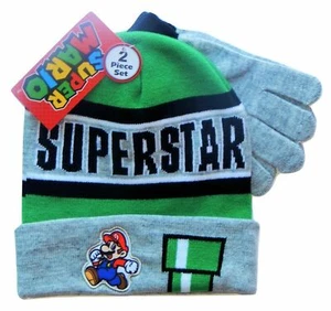 Nintendo SUPER MARIO BROS SUPERSTAR Boys Knit Winter Beanie Hat & Gloves Set NWT - Picture 1 of 1
