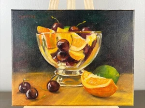 Original Oil Painting Still Life Citrus Cherries In Glass Bowl 8”x10” - Picture 1 of 6