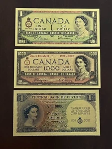 Gold Foil/Souvenir Queen Elizabeth 3 note Combo - Canada (2) + Ceylon (1) - Picture 1 of 2