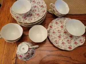 Lefton Lunch Sandwich Dessert Set Plate Cup Pink Roses on White 7 Plates 8 Cups - Picture 1 of 3