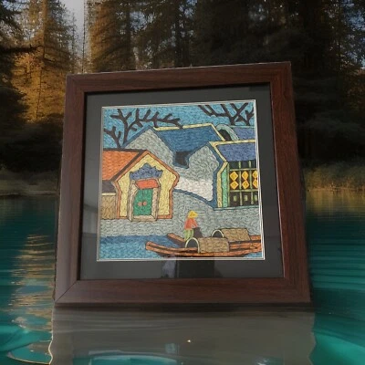 Quilling Framed Wall PaperArt Picture Villiage Life Mekong River Vietnam Read - image 1 of 4