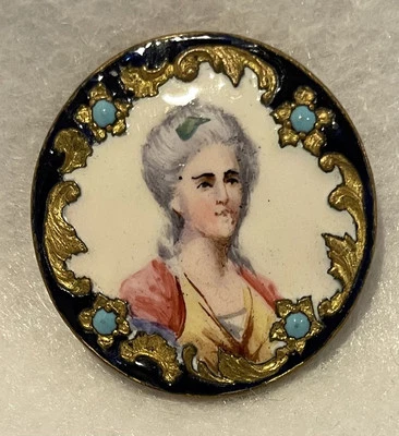 GORGEOUS ANTIQUE 1-PIECE BRASS W/AN ENAMEL PAINTED LADY/ROCCO EDGE  1-1/4” - Image 1 of 3