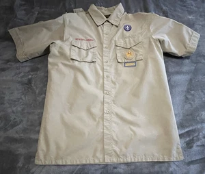 Boy Scouts of America Men's Shirt Tan Medium Patches Den Chief Short Sleeve - Picture 1 of 7