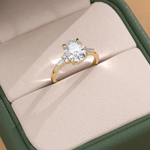 14K Gold Engagement Ring 2ct Oval Cut Lab Grown Diamonds Marquise & Round Stones - Picture 1 of 11