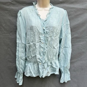 I.E. 100% Silk Aqua Blue Long Sleeved Romantic Feminim Top Shirt Ruffles - Picture 1 of 6