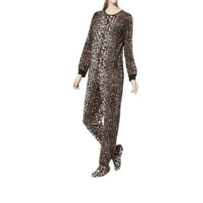 Pijama feminino Nick & Nora de lã com pés S estampa de leopardo animal zíper completo - Imagem 1 de 4