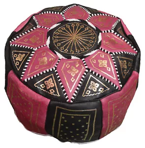 Pouf Moroccan Hassock Pooff Leather Pouff Ottoman Footstool Medium Black w/Pink - Picture 1 of 6