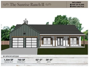 1,334 SQ FT Ranch House, Ranch Floor Plans, Modern Farmhouse, House Plans, Cabin - Picture 1 of 6