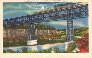 Postkarte KY: Mondlichtszene, Zug auf Brücke, High Bridge, Kentucky, Leinen - Bild 1 von 2