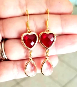 14k Gold Ruby Earrings Red Heart Earrings Simulated Ruby Gold Dangle Earrings - Picture 1 of 6