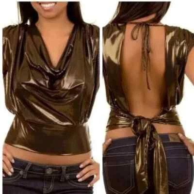 Boutique Drape Capucha Escote Halter Corbata Trasera Top Metálico Dorado Bronce Recortado Foto 1 de 4