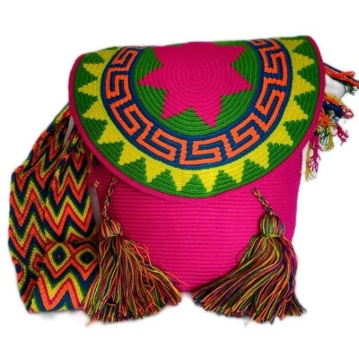Auténtico Bolso Mochila 100% Wayuu Bolso Boho Tamaño Grande con Tapa Diseño Único Foto 1 de 4