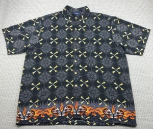 Vintage Sideout Hawaiian Shirt Mens XL Black Skulls Bones Flames Print Retro - Picture 1 of 12