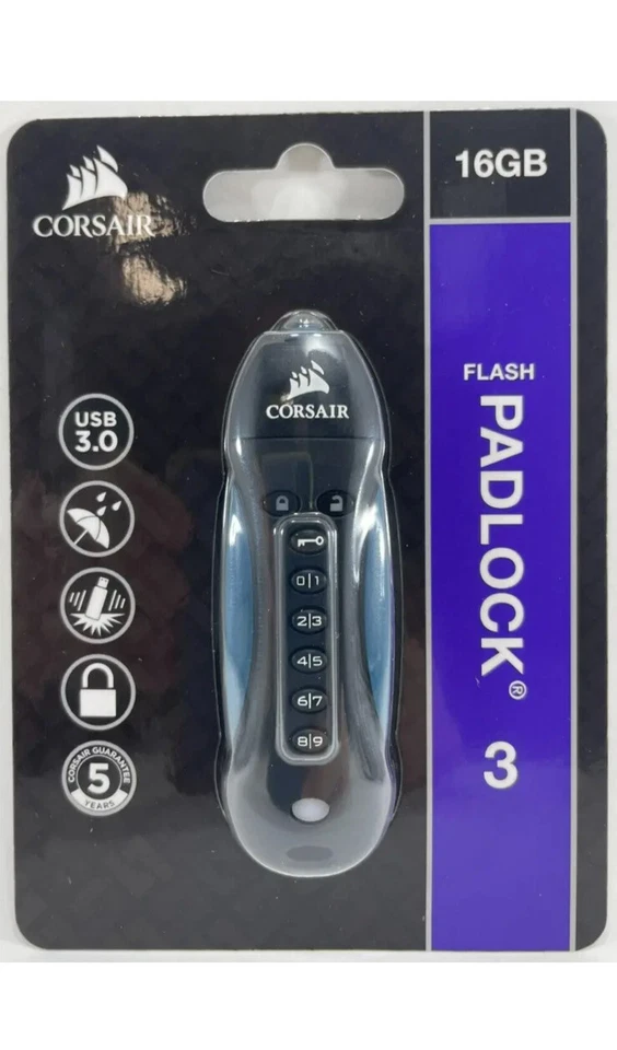 Corsair FIPS 197 - 16GB USB 3.0 Encrypted Flash Drive - Black/Blue New Free Ship - Image 1 of 4